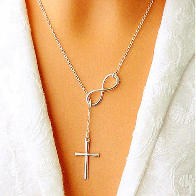 Stainless Steel Infinity Charm Cross Pendant Womens Silver Jewelry Necklace Gift