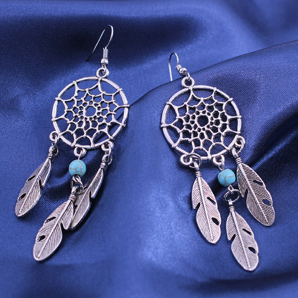 Dream Catcher Dangle Earrings Sterling Silver Plated Womens Drop Feather Bohemia