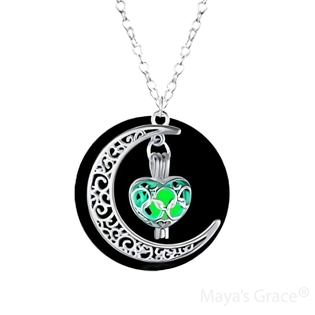 Maya's Grace Crescent Sailor Half Moon Glow in The Dark Dangling Moonstone Heart Pendant Necklace for Women