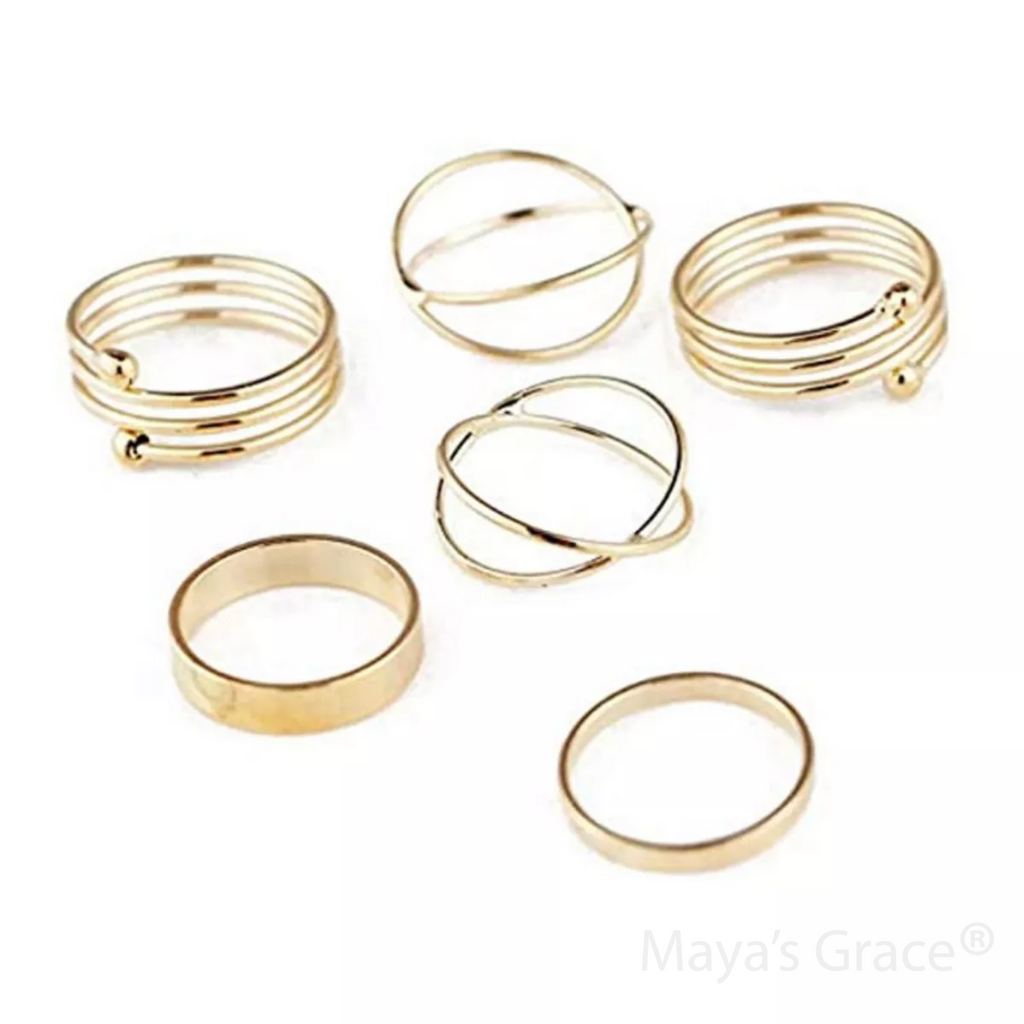 Maya's Grace Stackable Midi and Knuckle Rings Set for Women, 6-Piece Boho Aesthetic Jewelry in Gold and Silver