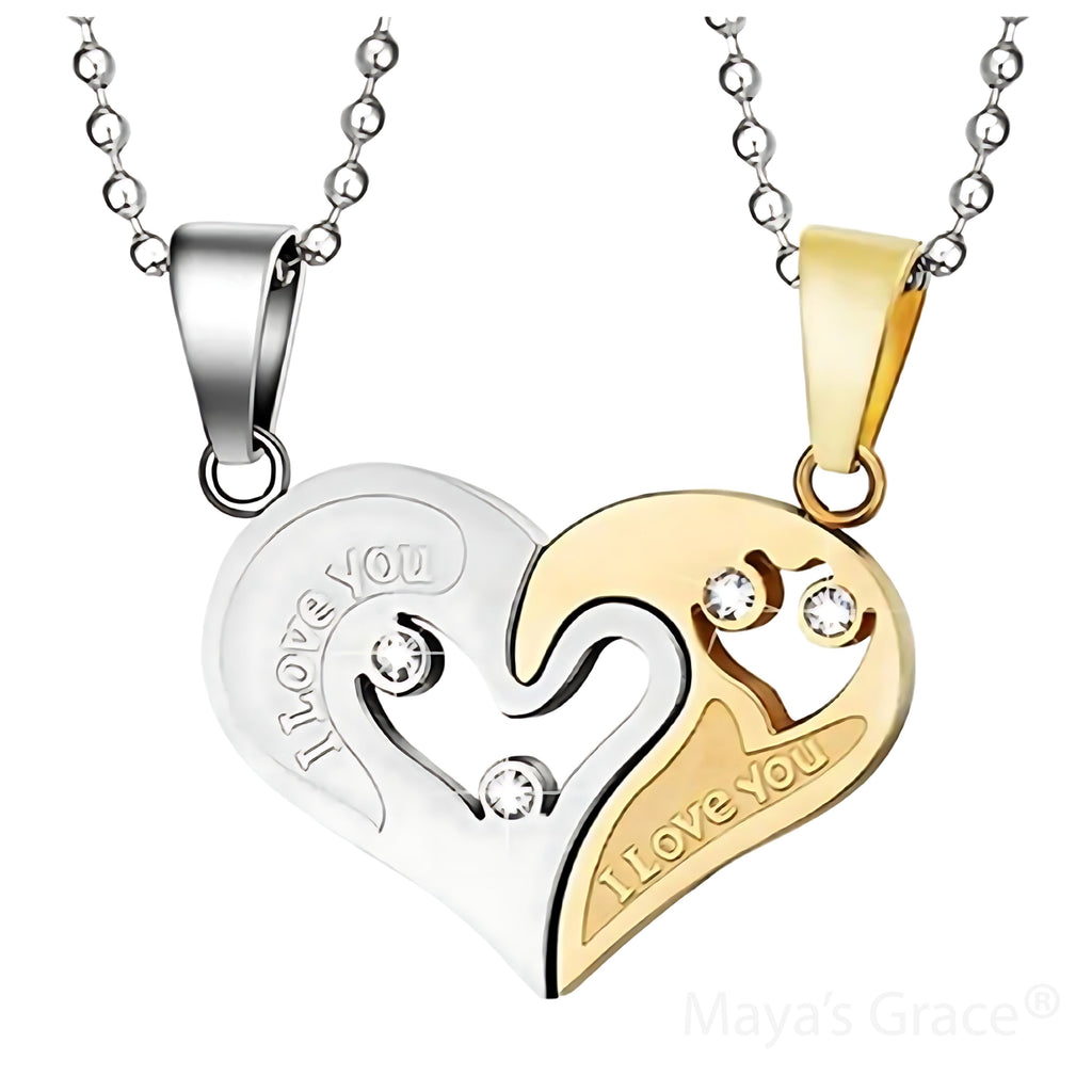 Maya's Grace Two Pieces Heart Shaped with I Love You Message Pendant and Couple Matching Necklace