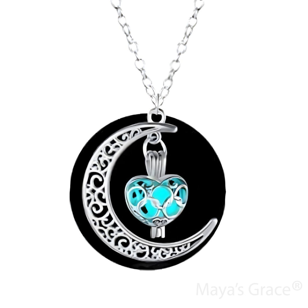 Maya's Grace Crescent Sailor Half Moon Glow in The Dark Dangling Moonstone Heart Pendant Necklace for Women