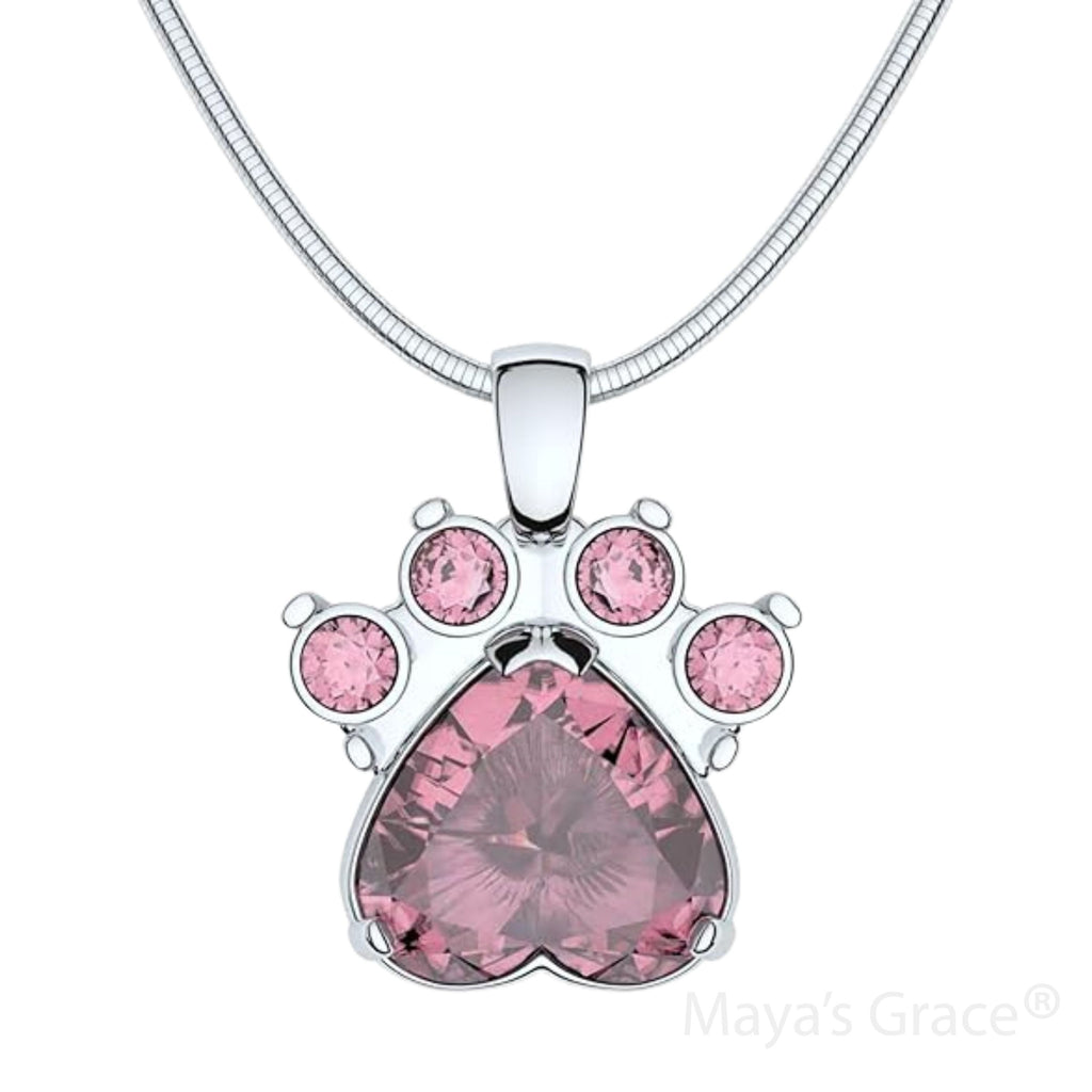 Maya's Grace Birthstone Paw Print Pendant Necklace, Rhinestone Gemstone, Pendant Necklace for Women