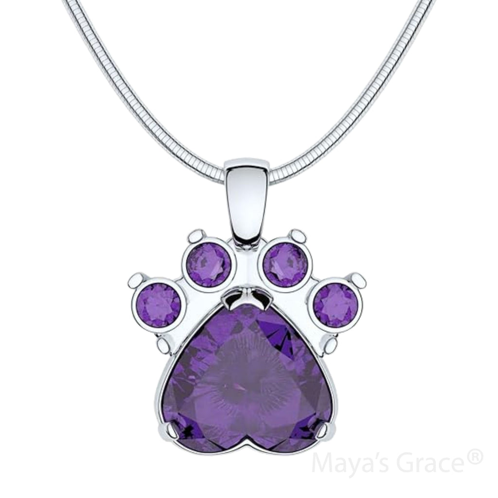 Maya's Grace Birthstone Paw Print Pendant Necklace, Rhinestone Gemstone, Pendant Necklace for Women