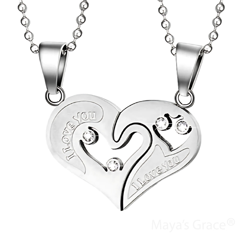 Maya's Grace Two Pieces Heart Shaped with I Love You Message Pendant and Couple Matching Necklace