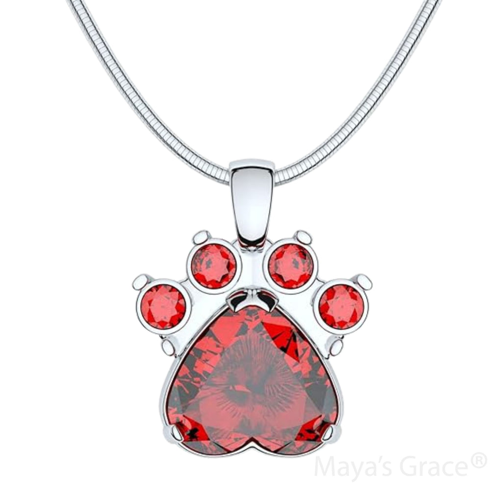 Maya's Grace Birthstone Paw Print Pendant Necklace, Rhinestone Gemstone, Pendant Necklace for Women