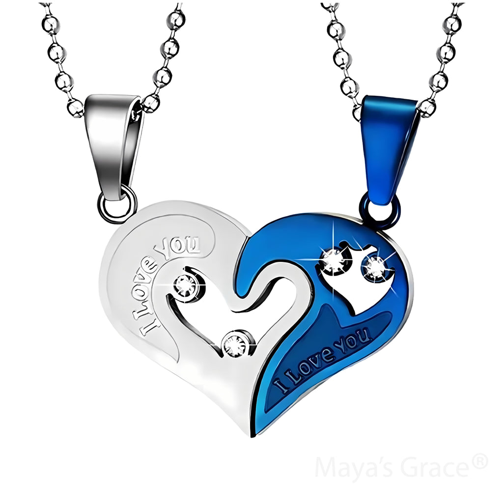 Maya's Grace Two Pieces Heart Shaped with I Love You Message Pendant and Couple Matching Necklace