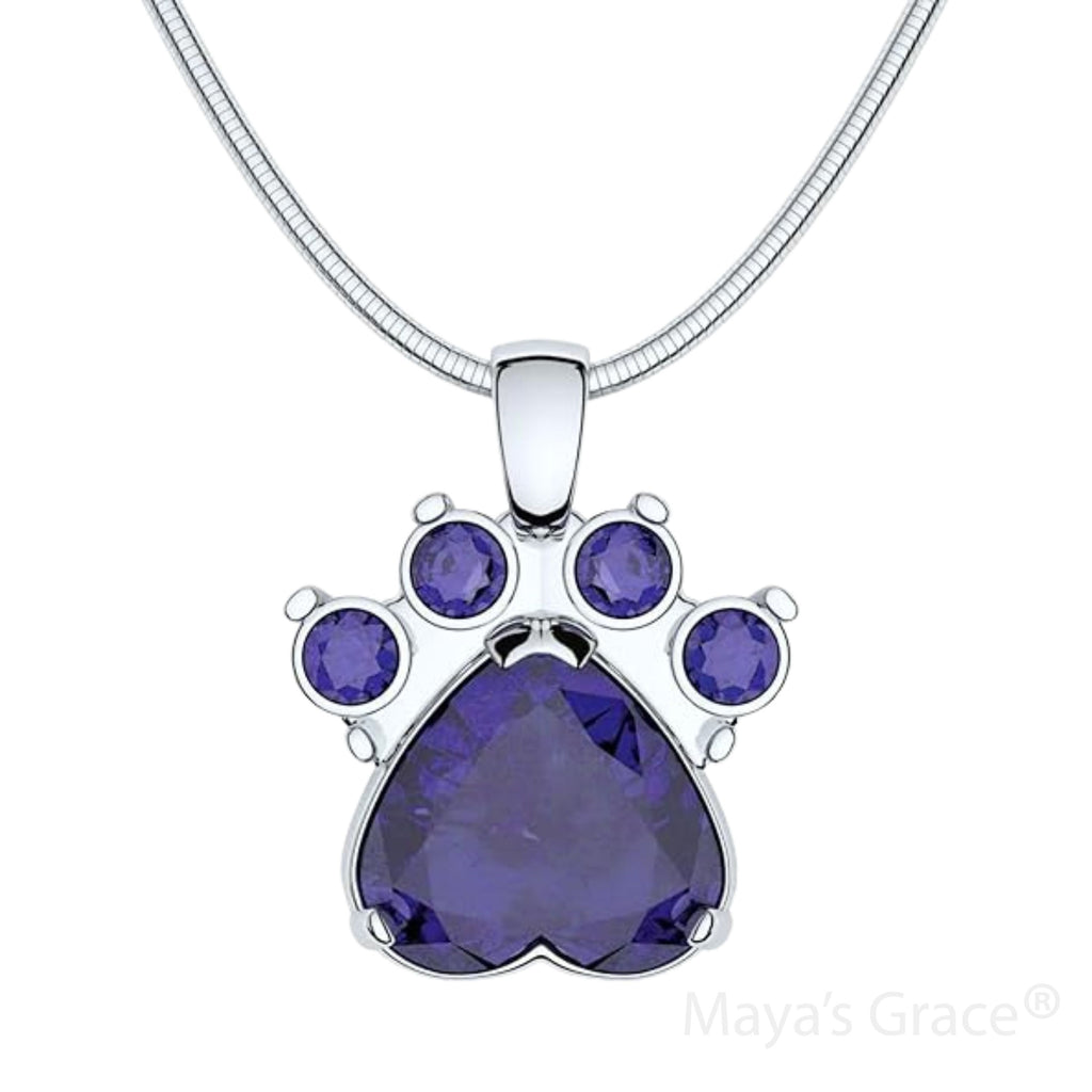 Maya's Grace Birthstone Paw Print Pendant Necklace, Rhinestone Gemstone, Pendant Necklace for Women