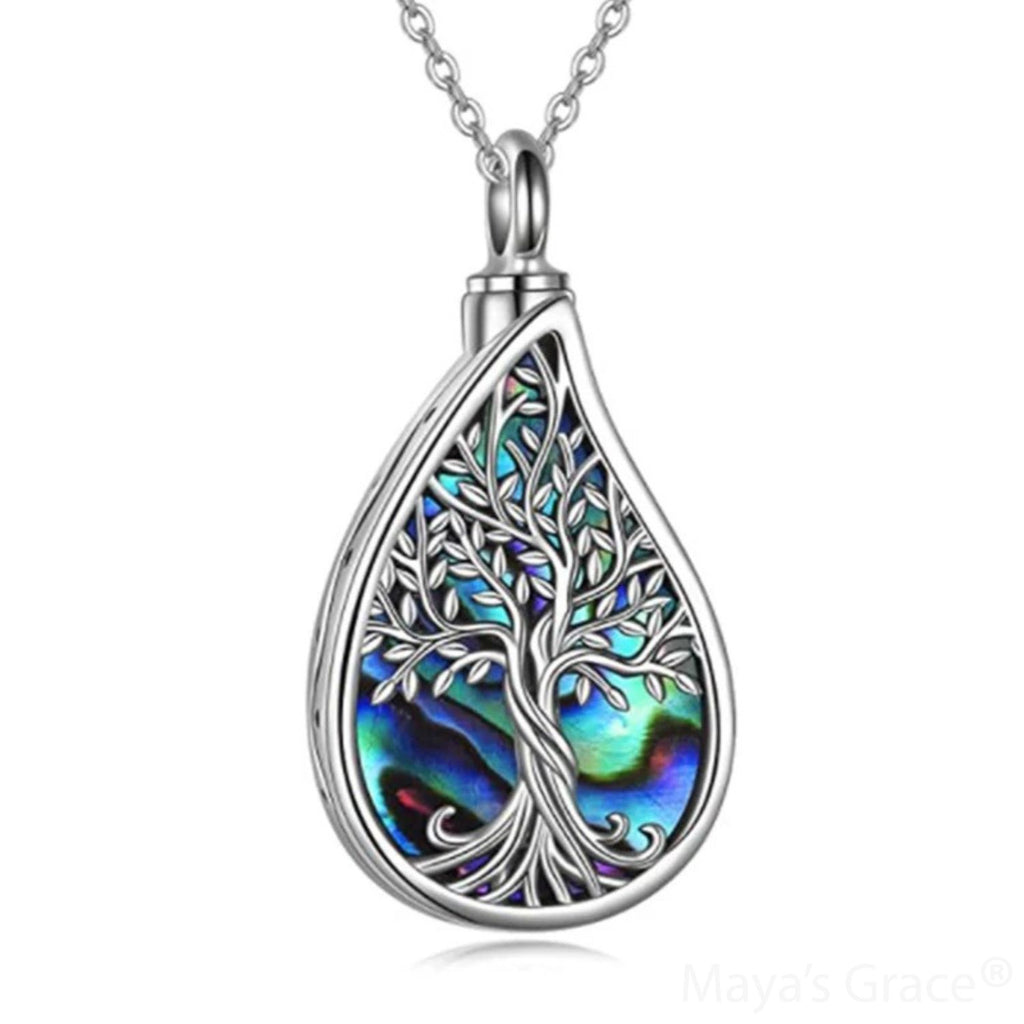 Maya's Grace Tree of Life Urn Necklace for Ashes, Teardrop Memorial Pendant