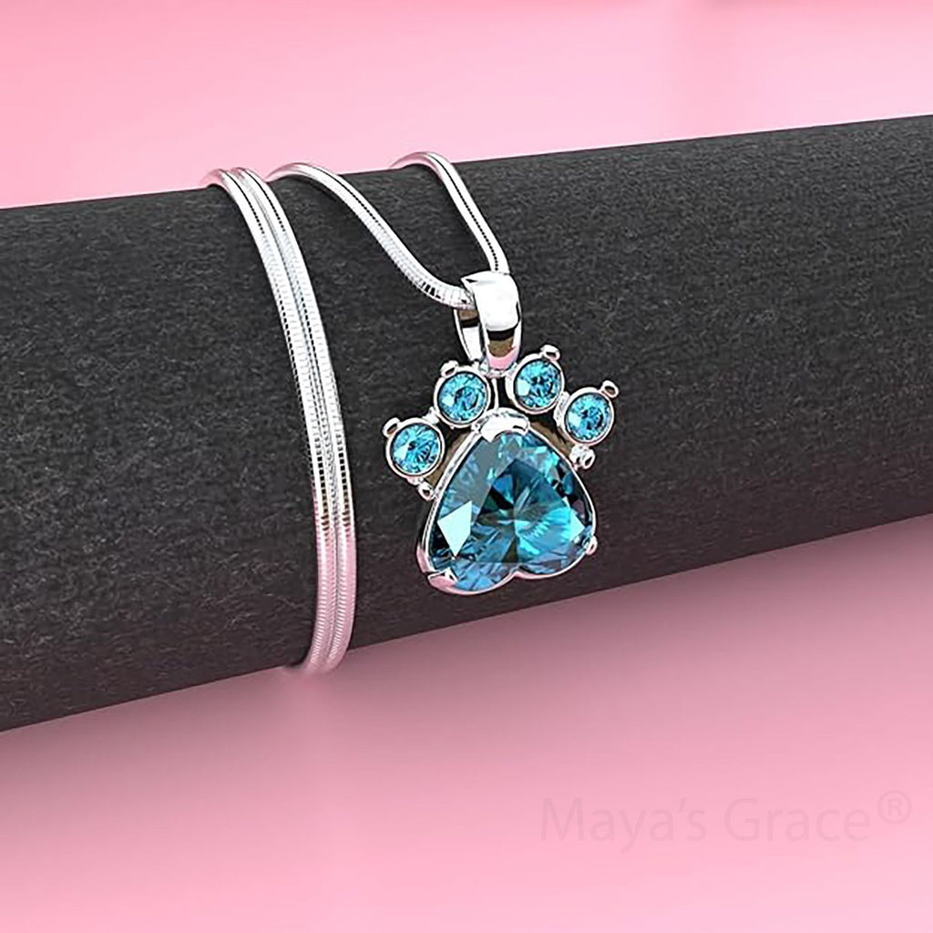 Maya's Grace Birthstone Paw Print Pendant Necklace, Rhinestone Gemstone, Pendant Necklace for Women