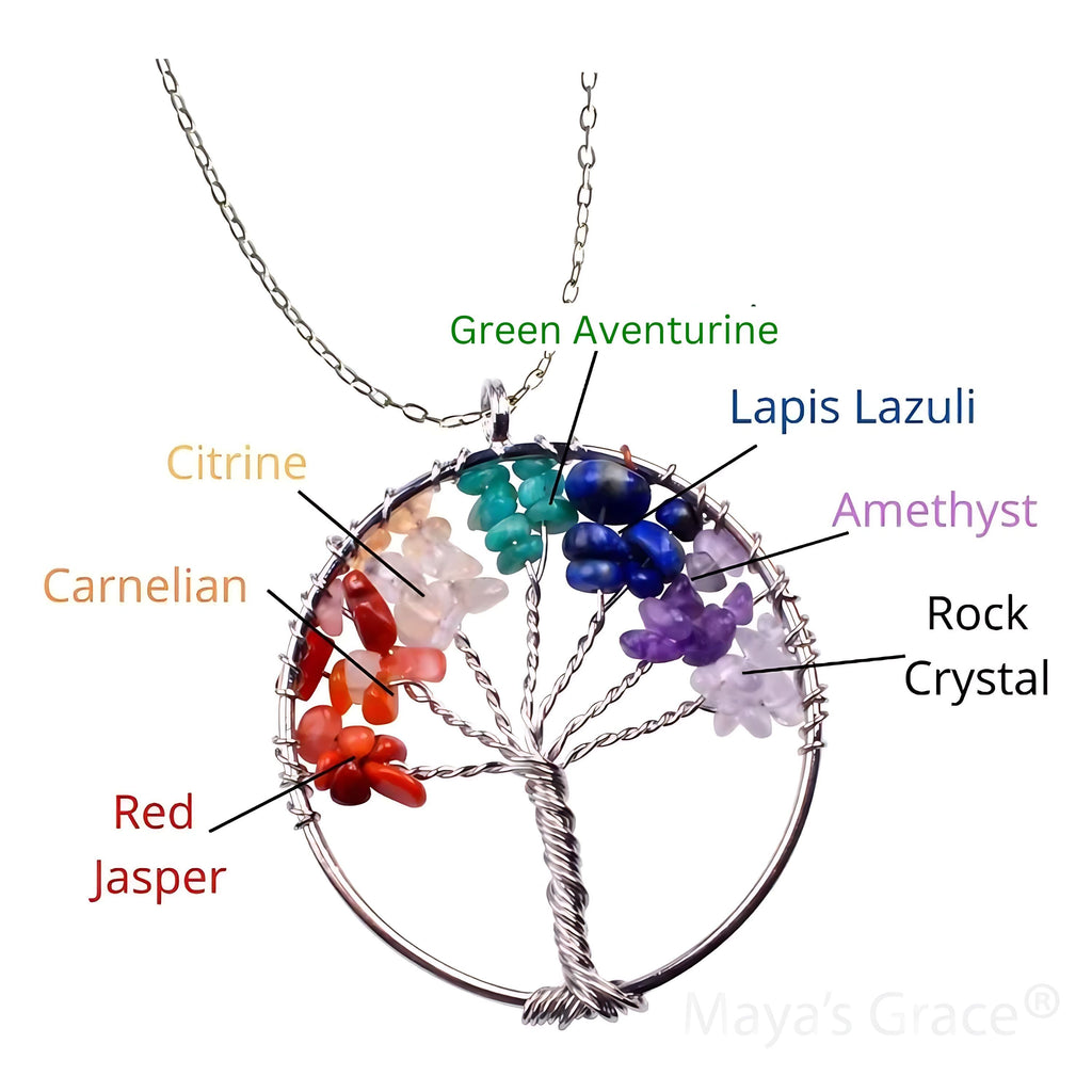 Maya's Grace 7 Chakra Tree of Life Pendant Necklace with Natural Gemstones