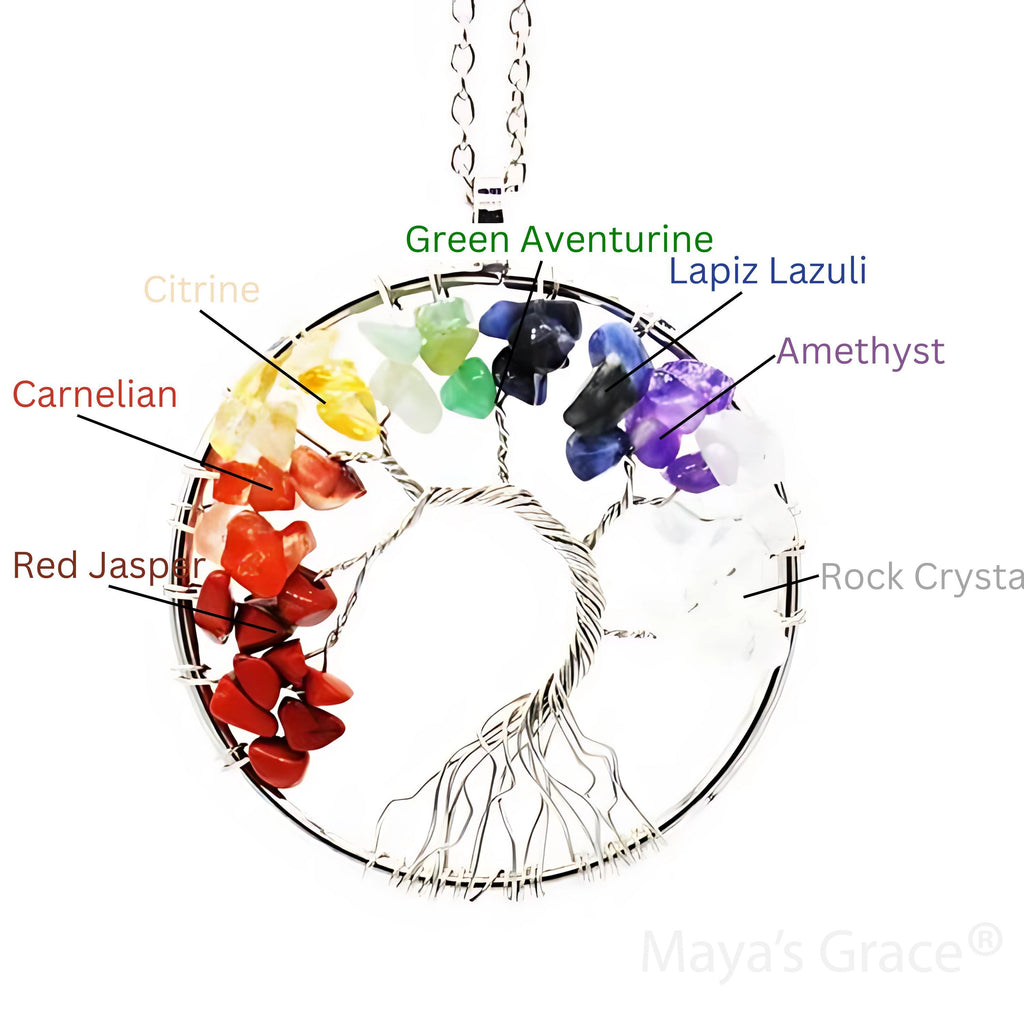 Maya's Grace 7 Chakra Tree of Life Pendant Necklace with Natural Gemstones