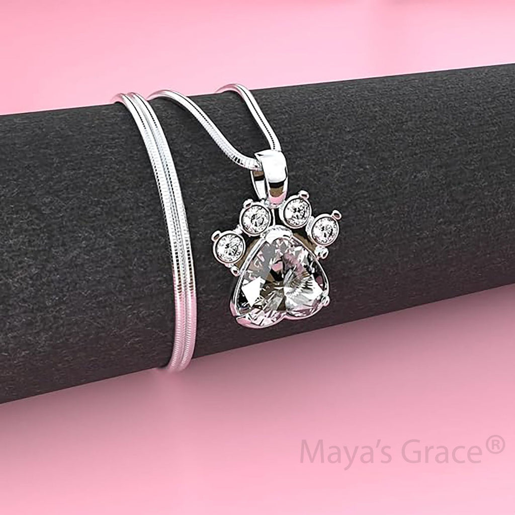 Maya's Grace Birthstone Paw Print Pendant Necklace, Rhinestone Gemstone, Pendant Necklace for Women