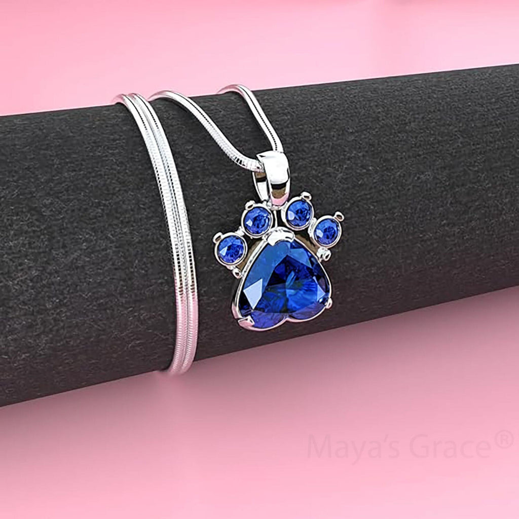 Maya's Grace Birthstone Paw Print Pendant Necklace, Rhinestone Gemstone, Pendant Necklace for Women