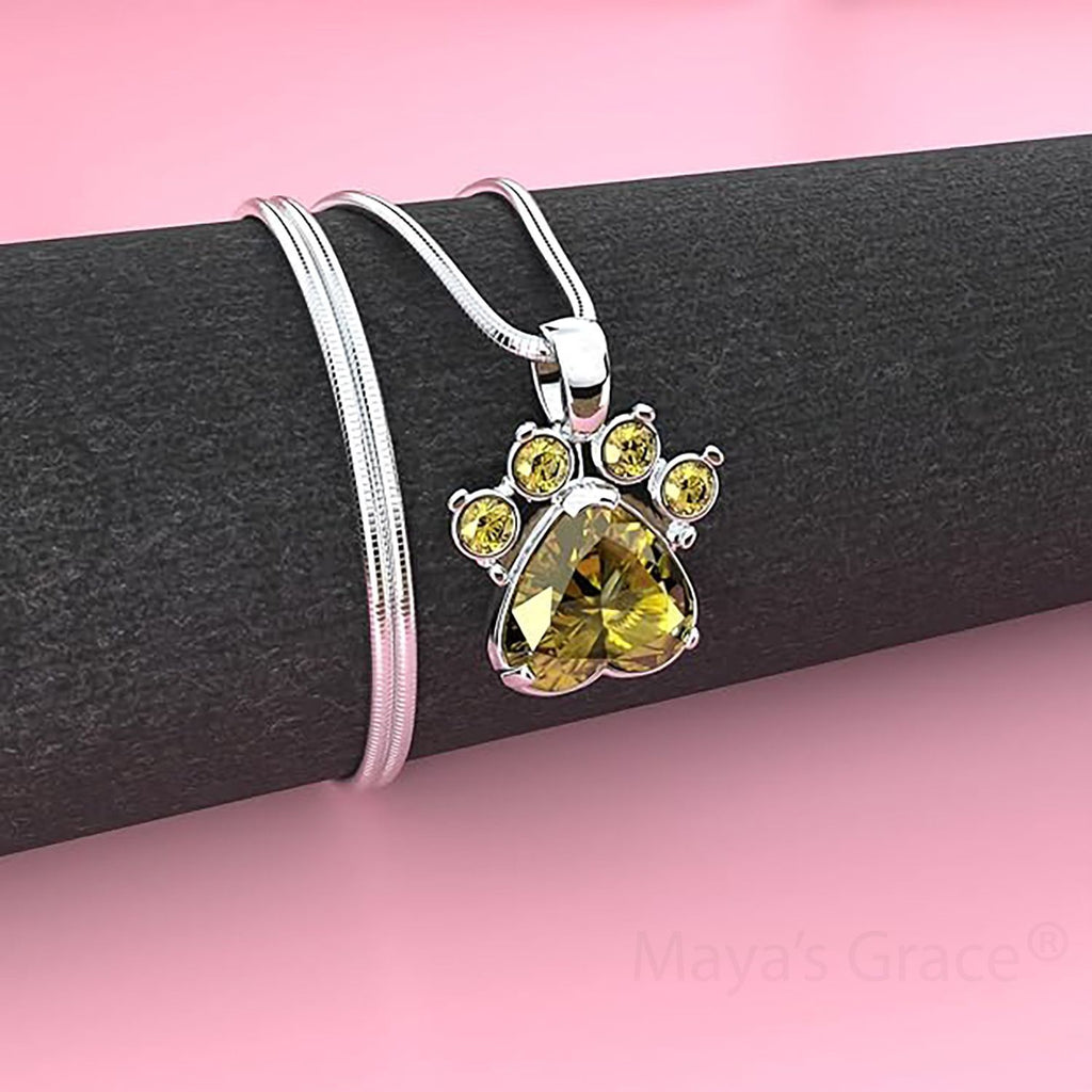 Maya's Grace Birthstone Paw Print Pendant Necklace, Rhinestone Gemstone, Pendant Necklace for Women