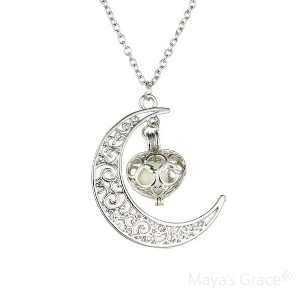 Maya's Grace Crescent Sailor Half Moon Glow in The Dark Dangling Moonstone Heart Pendant Necklace for Women