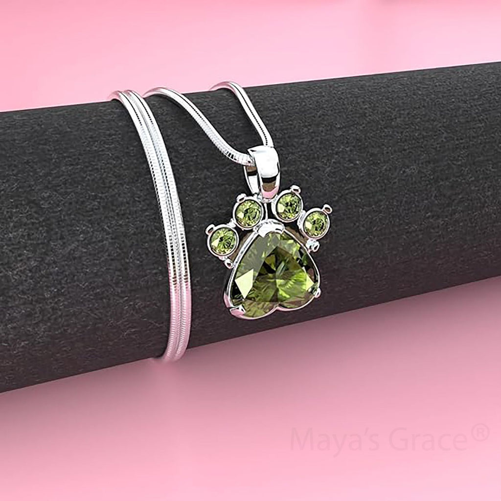 Maya's Grace Birthstone Paw Print Pendant Necklace, Rhinestone Gemstone, Pendant Necklace for Women