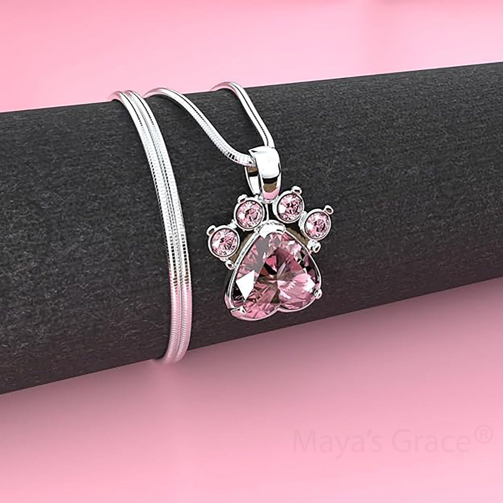 Maya's Grace Birthstone Paw Print Pendant Necklace, Rhinestone Gemstone, Pendant Necklace for Women