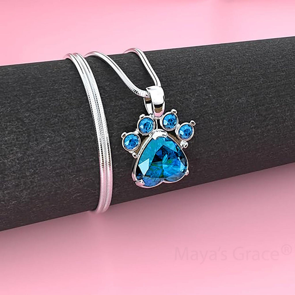 Maya's Grace Birthstone Paw Print Pendant Necklace, Rhinestone Gemstone, Pendant Necklace for Women