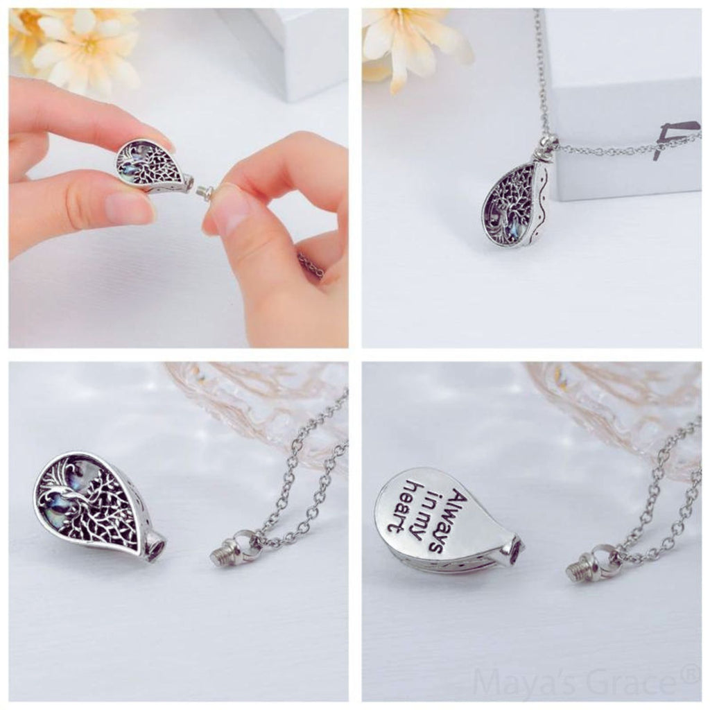 Maya's Grace Tree of Life Urn Necklace for Ashes, Teardrop Memorial Pendant