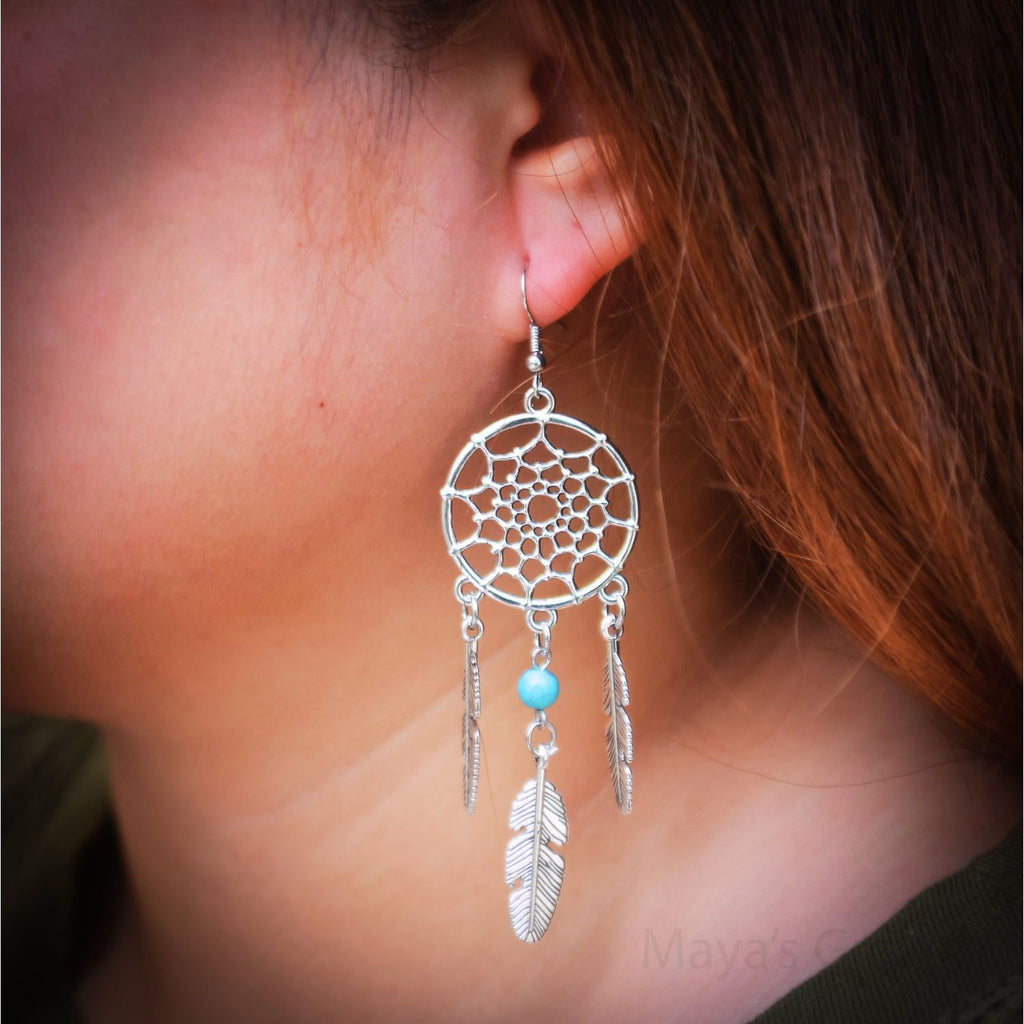 Maya's Grace Dream Catcher Dangle Earrings for Women, Bohemian Feather Drop Earrings, Polished Finish