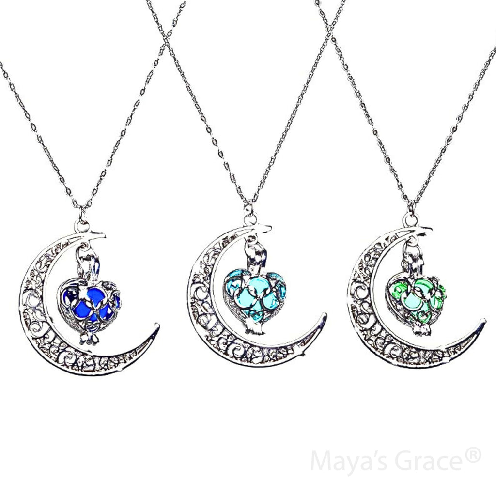 Maya's Grace Crescent Sailor Half Moon Glow in The Dark Dangling Moonstone Heart Pendant Necklace for Women