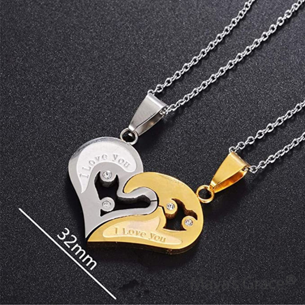 Maya's Grace Two Pieces Heart Shaped with I Love You Message Pendant and Couple Matching Necklace