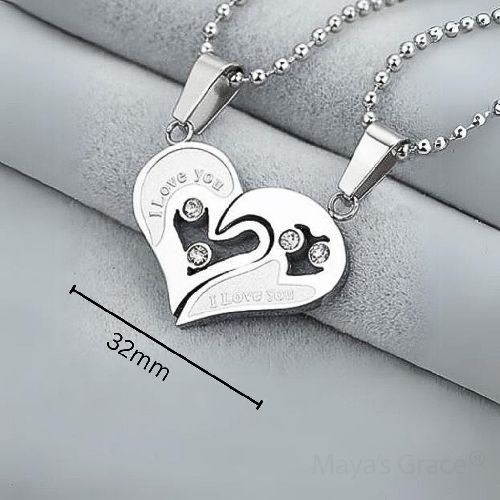 Maya's Grace Two Pieces Heart Shaped with I Love You Message Pendant and Couple Matching Necklace