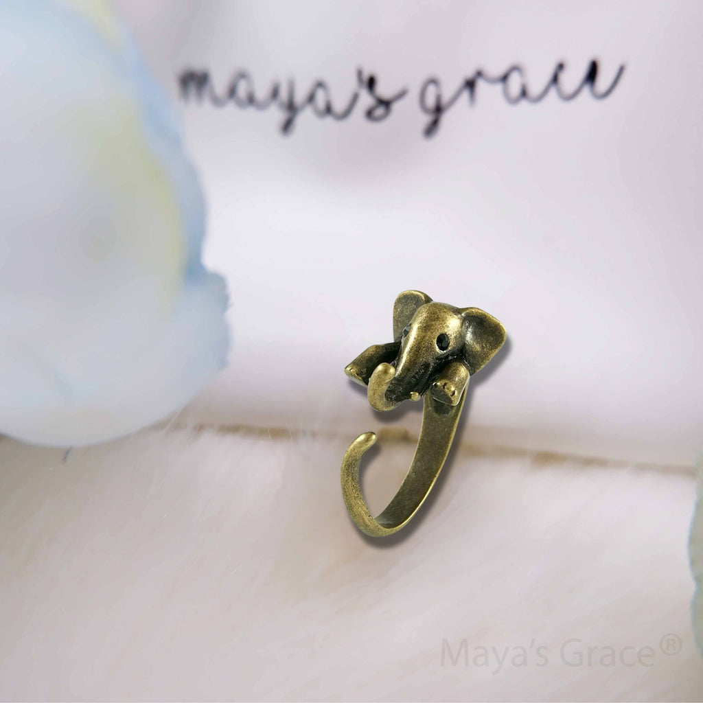 Maya's Grace Adjustable Elephant Ring for Women, Vintage Antique-Style