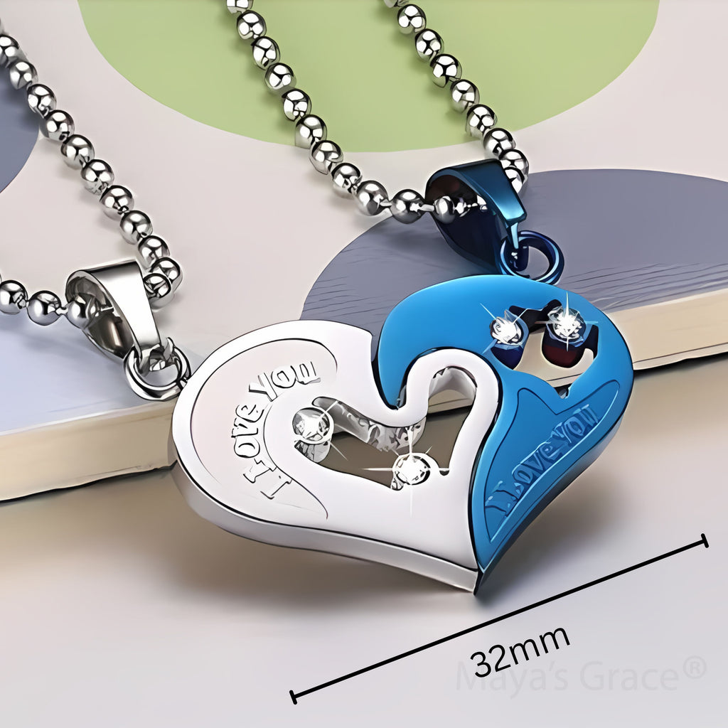 Maya's Grace Two Pieces Heart Shaped with I Love You Message Pendant and Couple Matching Necklace