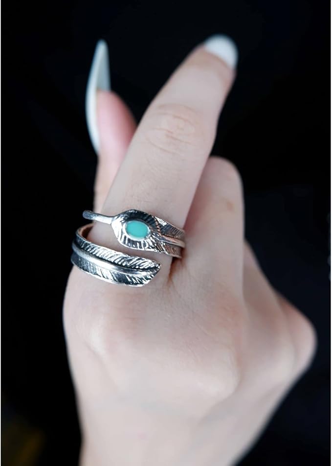 Maya's Grace Stainless Steel Feather Created-Turquoise Adjustable Punk Ring