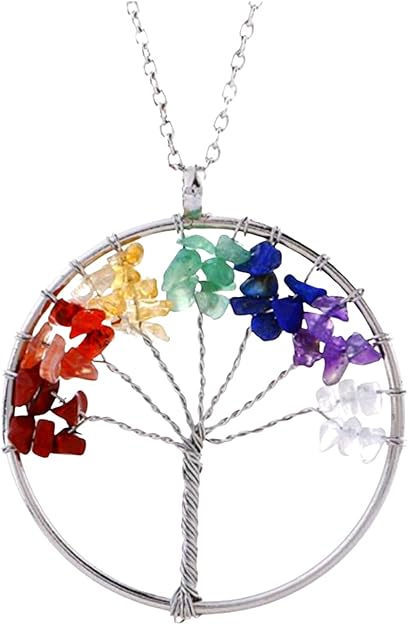 Maya's Grace Stainless Steel Women's 7 Chakra Tree of Life Pendant Multicolor Wisdom Energy Healing Natural Gemstones Round and Heart Pendant with Necklace