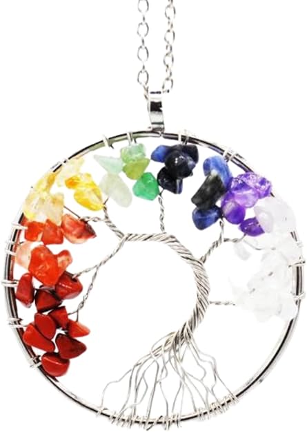 Maya's Grace Stainless Steel Women's 7 Chakra Tree of Life Pendant Multicolor Wisdom Energy Healing Natural Gemstones Round and Heart Pendant with Necklace