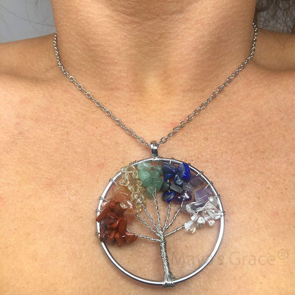 Maya's Grace 7 Chakra Tree of Life Pendant Necklace with Natural Gemstones