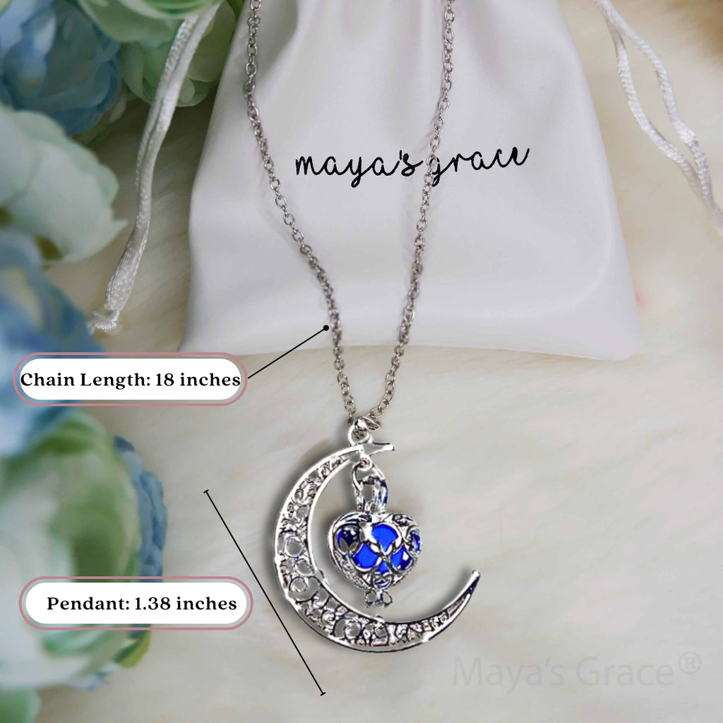 Maya's Grace Crescent Sailor Half Moon Glow in The Dark Dangling Moonstone Heart Pendant Necklace for Women