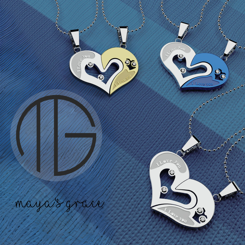 Maya's Grace Two Pieces Heart Shaped with I Love You Message Pendant and Couple Matching Necklace