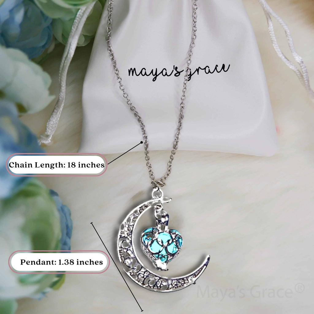 Maya's Grace Crescent Sailor Half Moon Glow in The Dark Dangling Moonstone Heart Pendant Necklace for Women