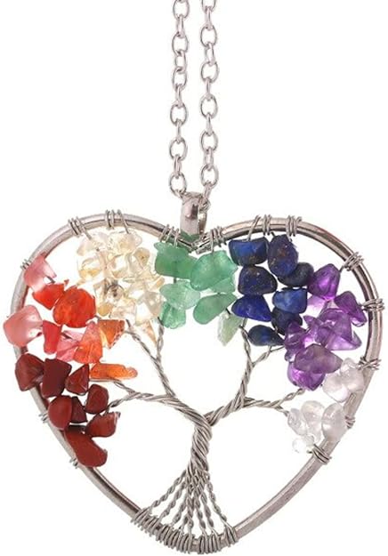 Maya's Grace Stainless Steel Women's 7 Chakra Tree of Life Pendant Multicolor Wisdom Energy Healing Natural Gemstones Round and Heart Pendant with Necklace