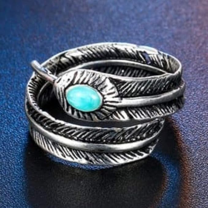 Maya's Grace Stainless Steel Feather Created-Turquoise Adjustable Punk Ring