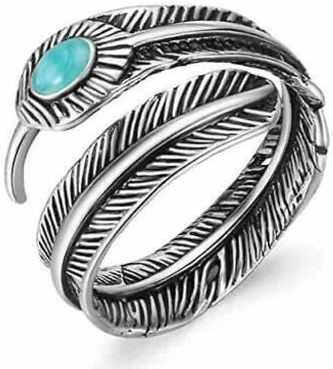 Maya's Grace Stainless Steel Feather Created-Turquoise Adjustable Punk Ring