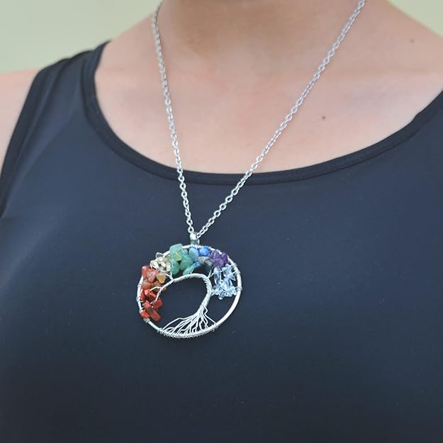 Maya's Grace Stainless Steel Women's 7 Chakra Tree of Life Pendant Multicolor Wisdom Energy Healing Natural Gemstones Round and Heart Pendant with Necklace