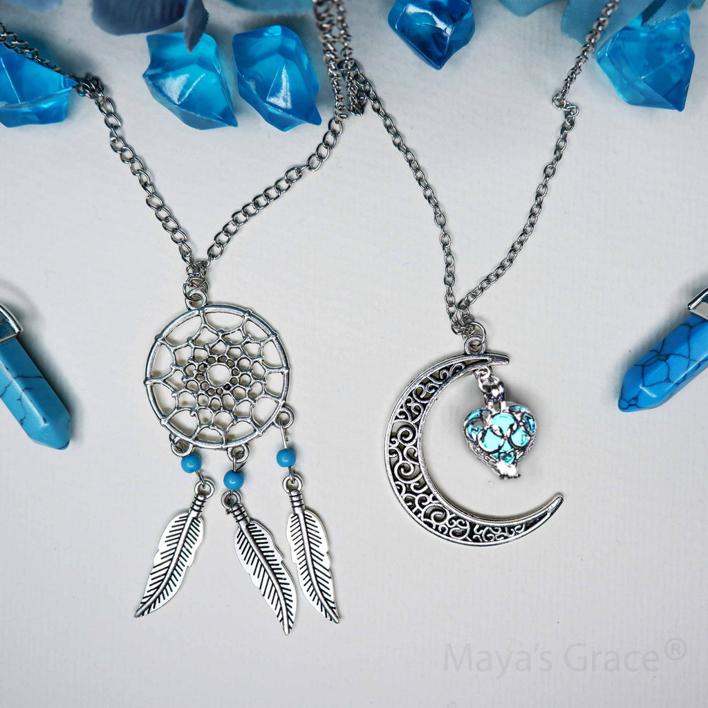 Maya's Grace Crescent Sailor Half Moon Glow in The Dark Dangling Moonstone Heart Pendant Necklace for Women