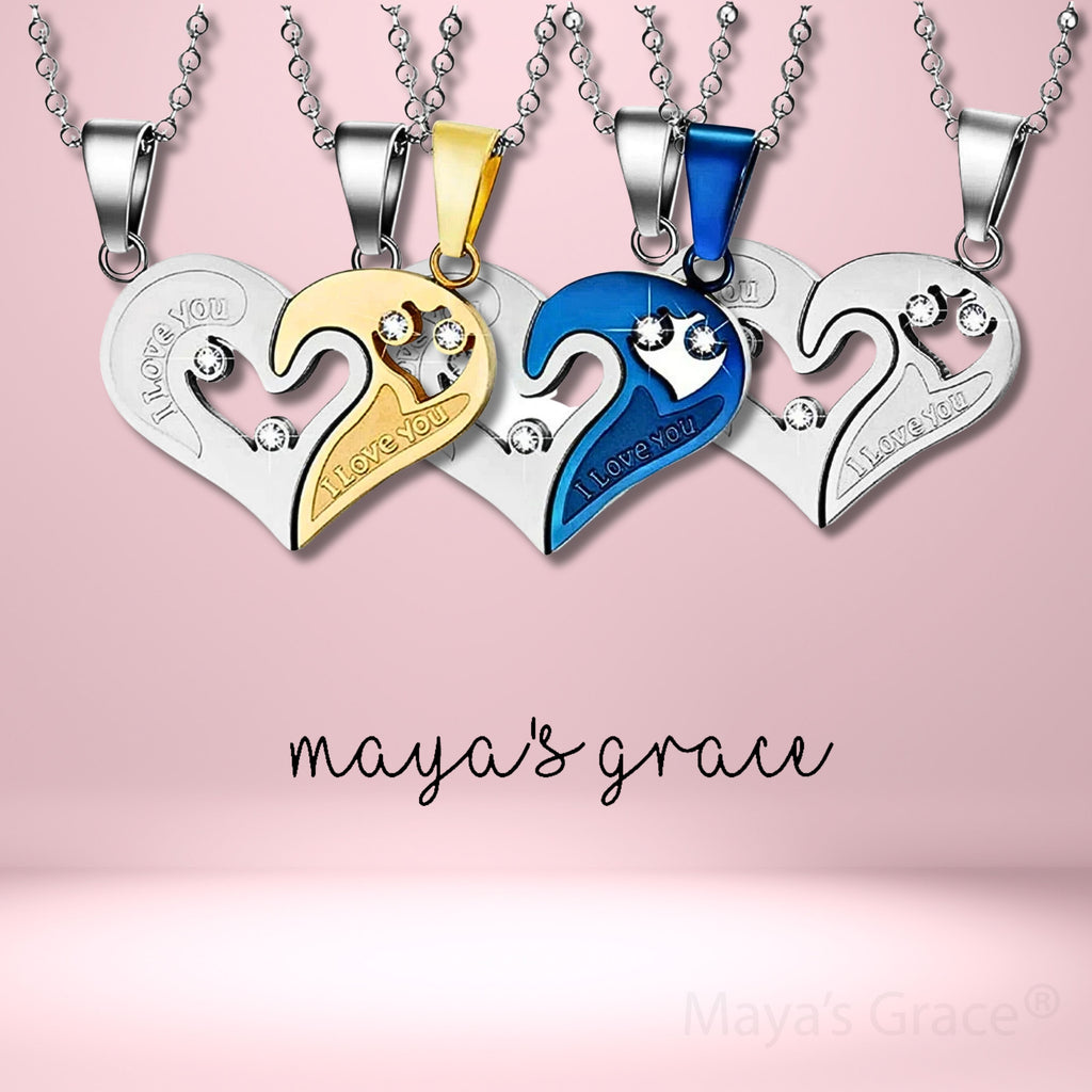 Maya's Grace Two Pieces Heart Shaped with I Love You Message Pendant and Couple Matching Necklace