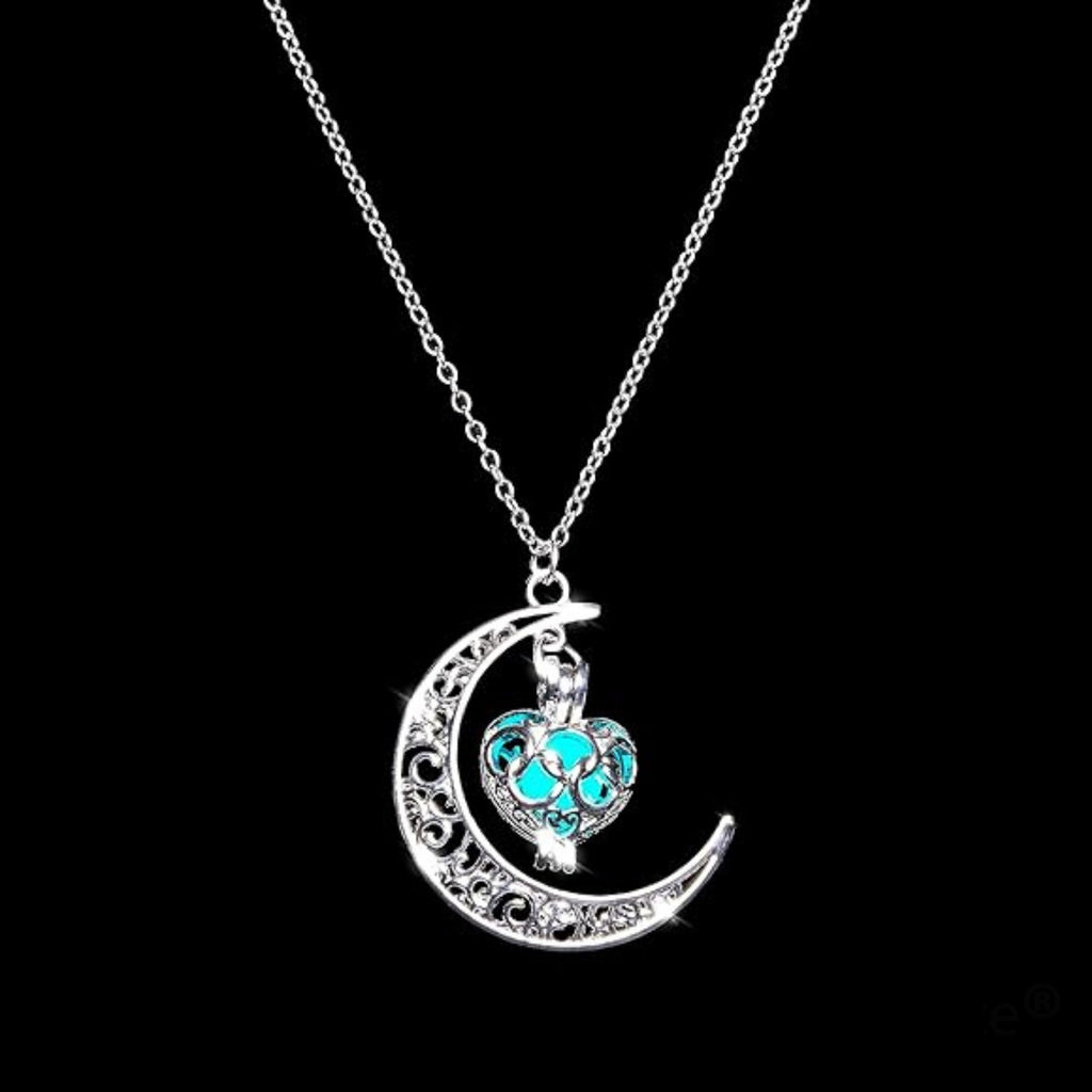 Maya's Grace Crescent Sailor Half Moon Glow in The Dark Dangling Moonstone Heart Pendant Necklace for Women