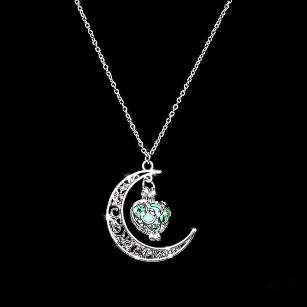 Maya's Grace Crescent Sailor Half Moon Glow in The Dark Dangling Moonstone Heart Pendant Necklace for Women