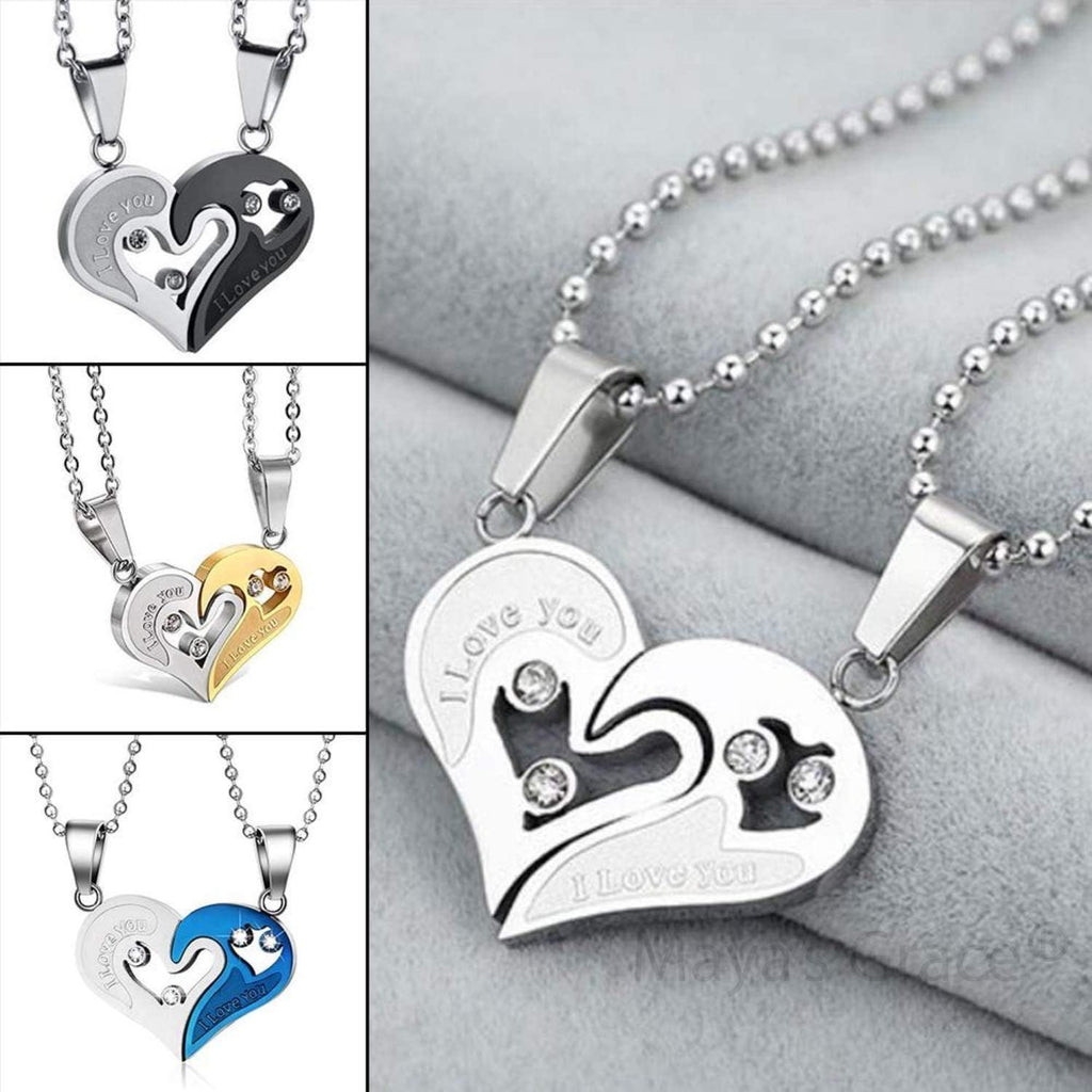 Maya's Grace Two Pieces Heart Shaped with I Love You Message Pendant and Couple Matching Necklace