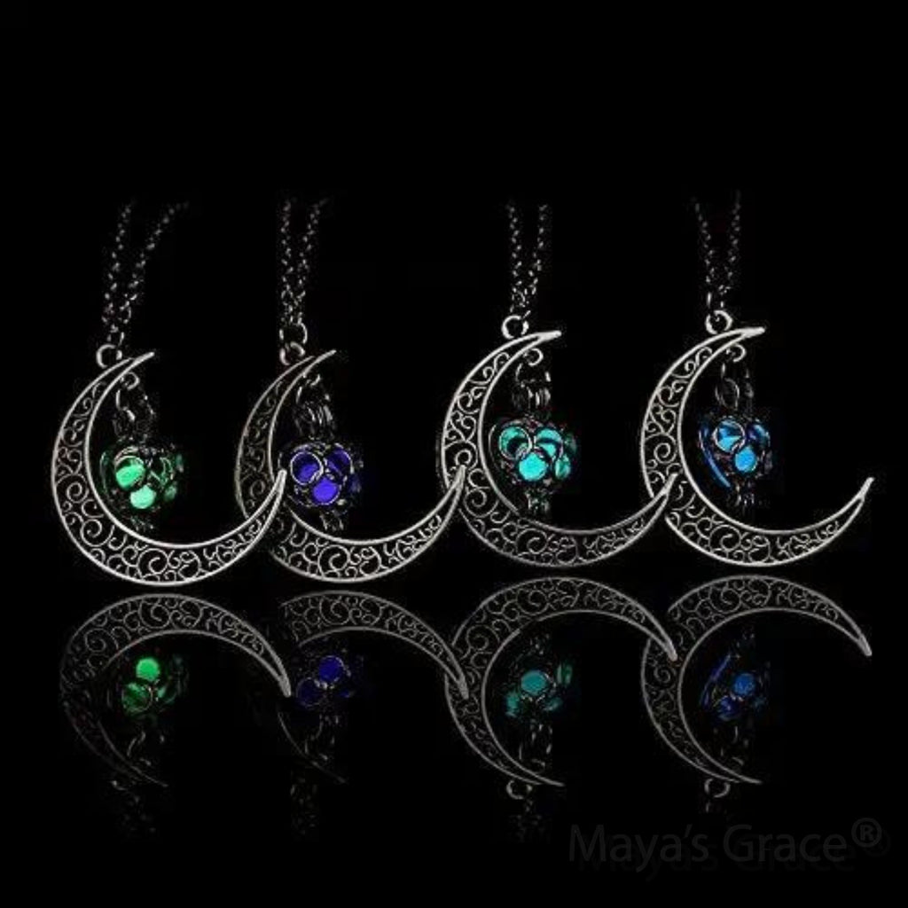 Maya's Grace Crescent Sailor Half Moon Glow in The Dark Dangling Moonstone Heart Pendant Necklace for Women