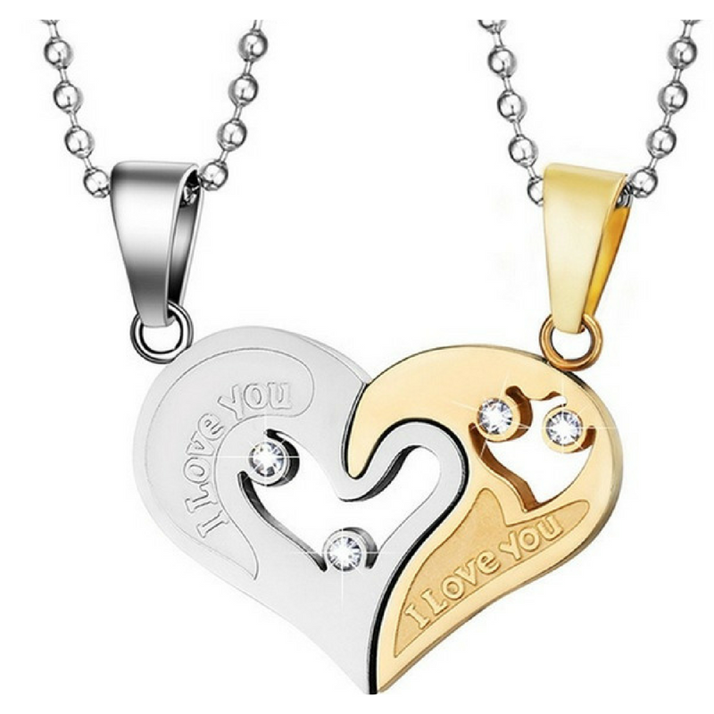 Maya's Grace Two Pieces Stainless Steel Heart Shaped with I Love You Message Pendant and Couple Matching Necklace