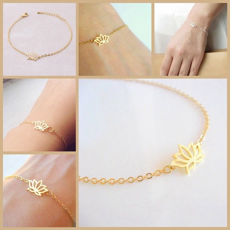 Lotus Shape Elegant Womens Beauty Fashion Plant Chain Link Bracelet Gold Silver