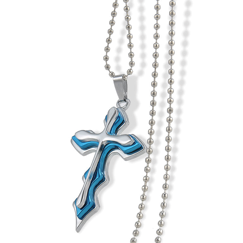 Blue Stainless Steel Cross Pendant Crucifix Faith Unisex Chain Durable Necklace
